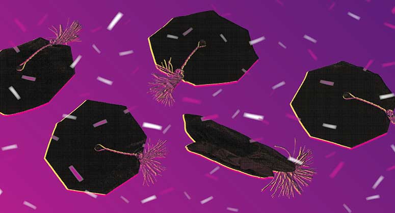 Graduation caps flying against a purple background